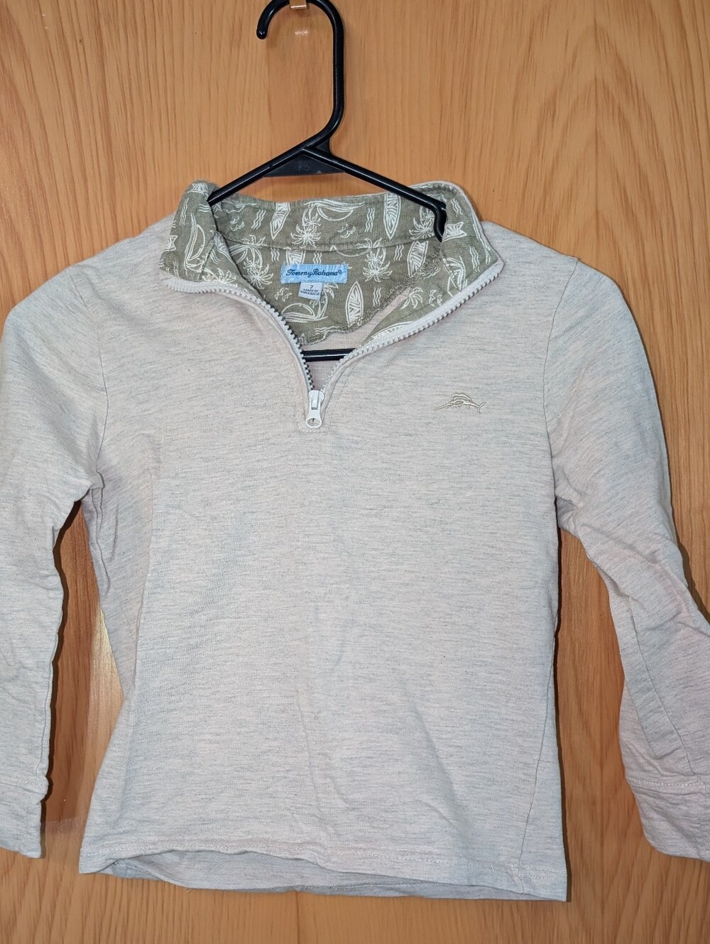 Tommy Bahama Beige Half-Zip Pullover with Olive Printed Collar